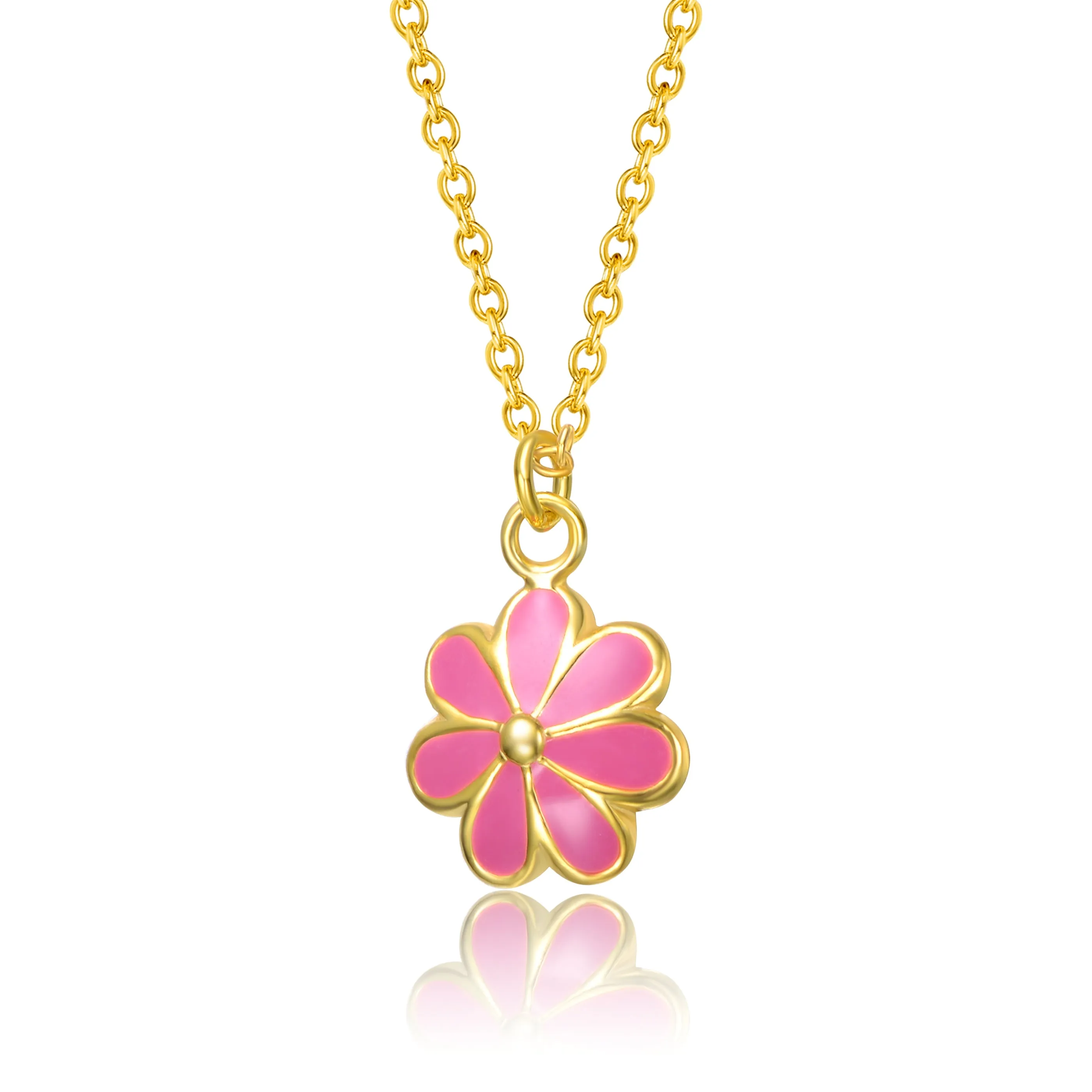 14k Gold Plated Fuchsia-Red Daisy Flower Drop Charm Necklace