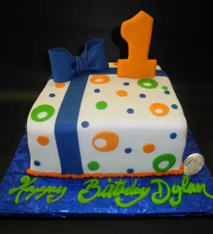 1st Birthday Gift Box with Orange, Navy Blue, and Green Dots - B0821