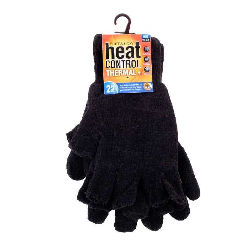 2 Pairs Gloves & Fingerless Glove Set Mens Heat Control Thermal Lined Chenille Black