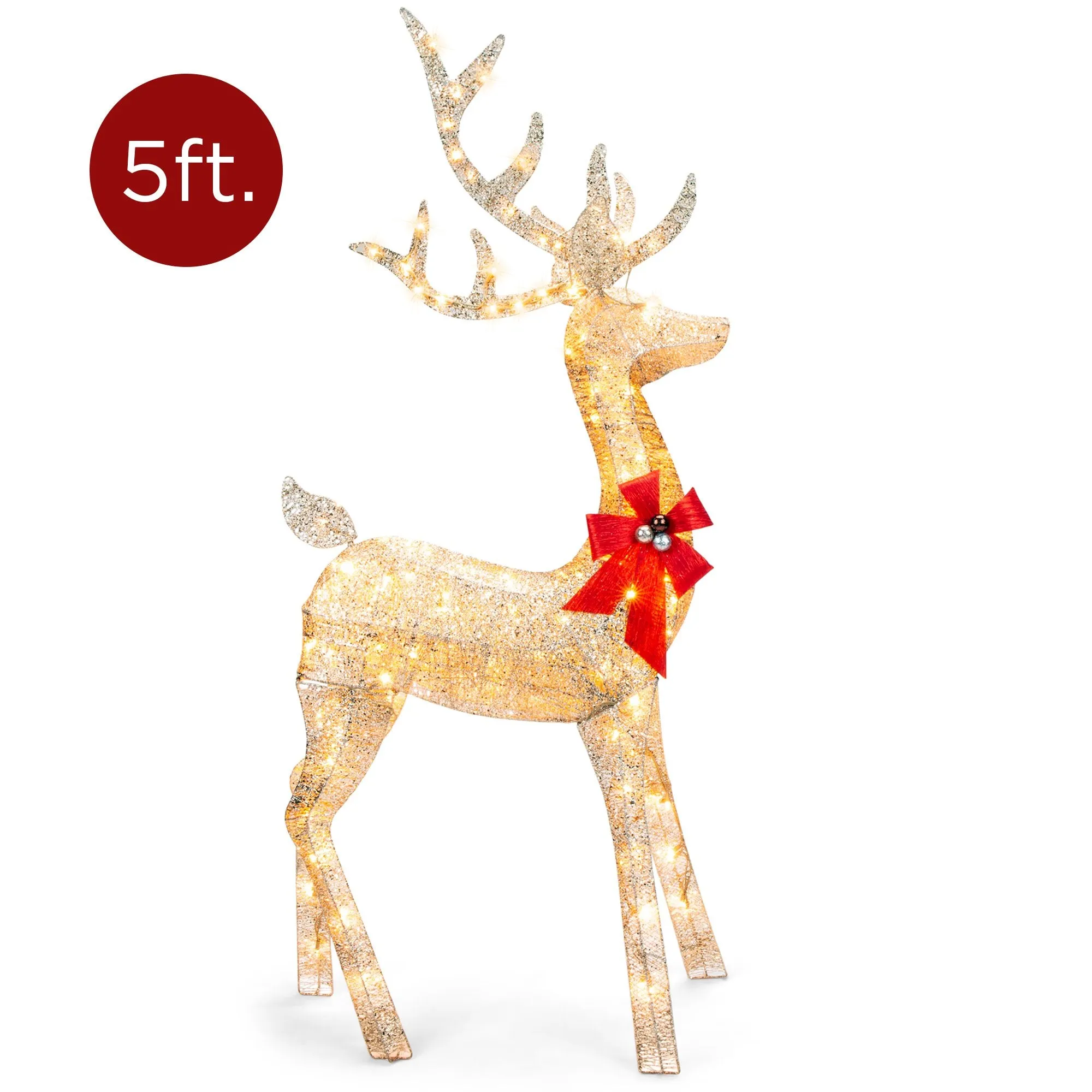 5ft 3D Pre-Lit Gold Glitter Christmas Reindeer Yard Decoration w/ 150 Lights