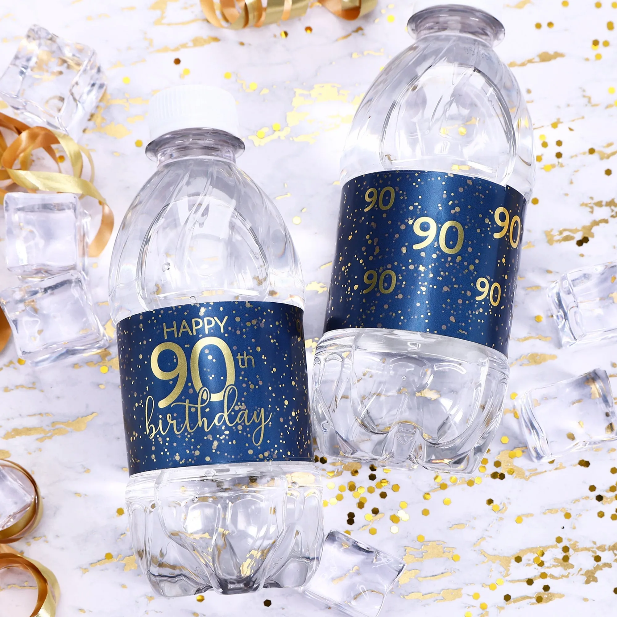 90th Birthday: Navy Blue & Gold - Adult Birthday -  Water Bottle Labels