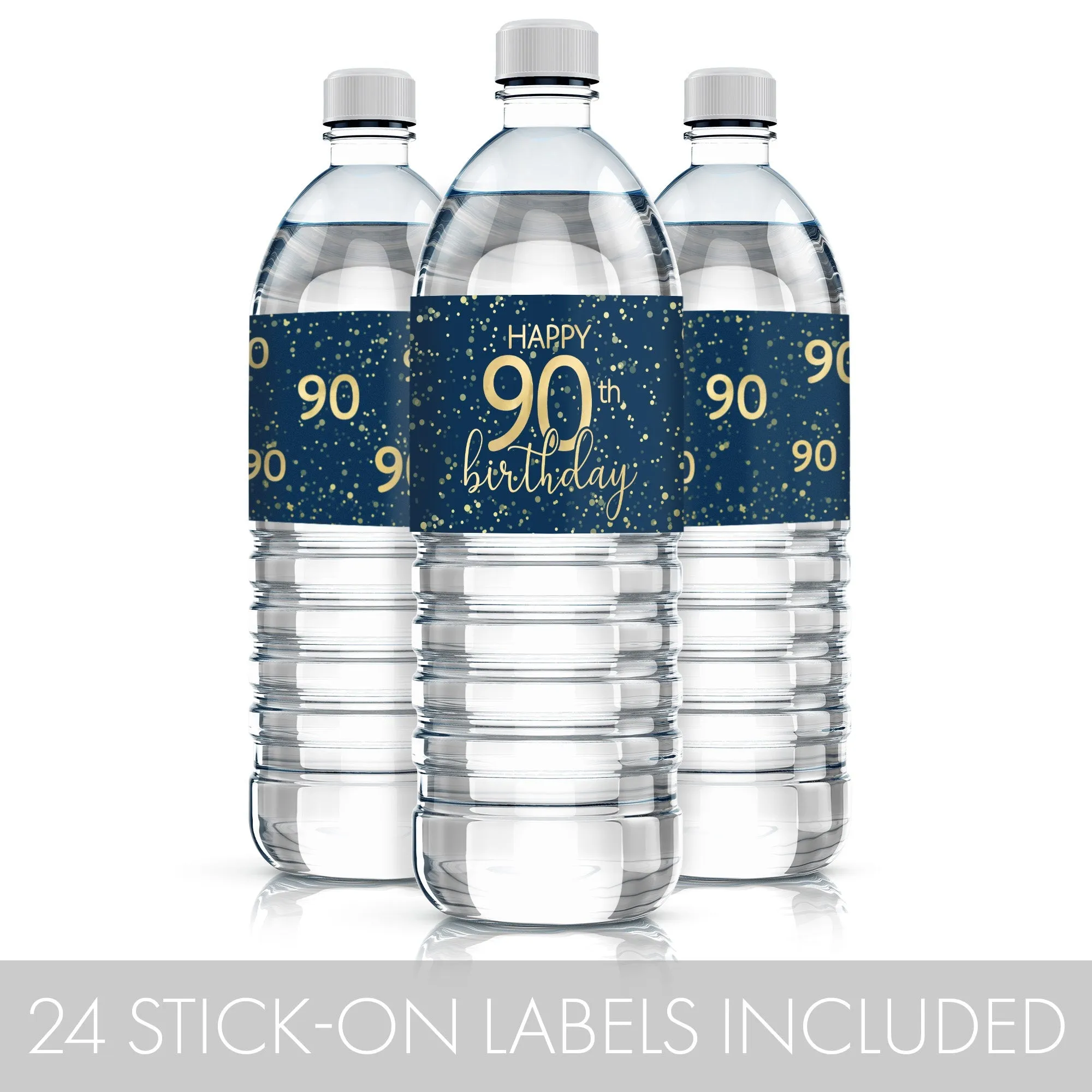 90th Birthday: Navy Blue & Gold - Adult Birthday -  Water Bottle Labels