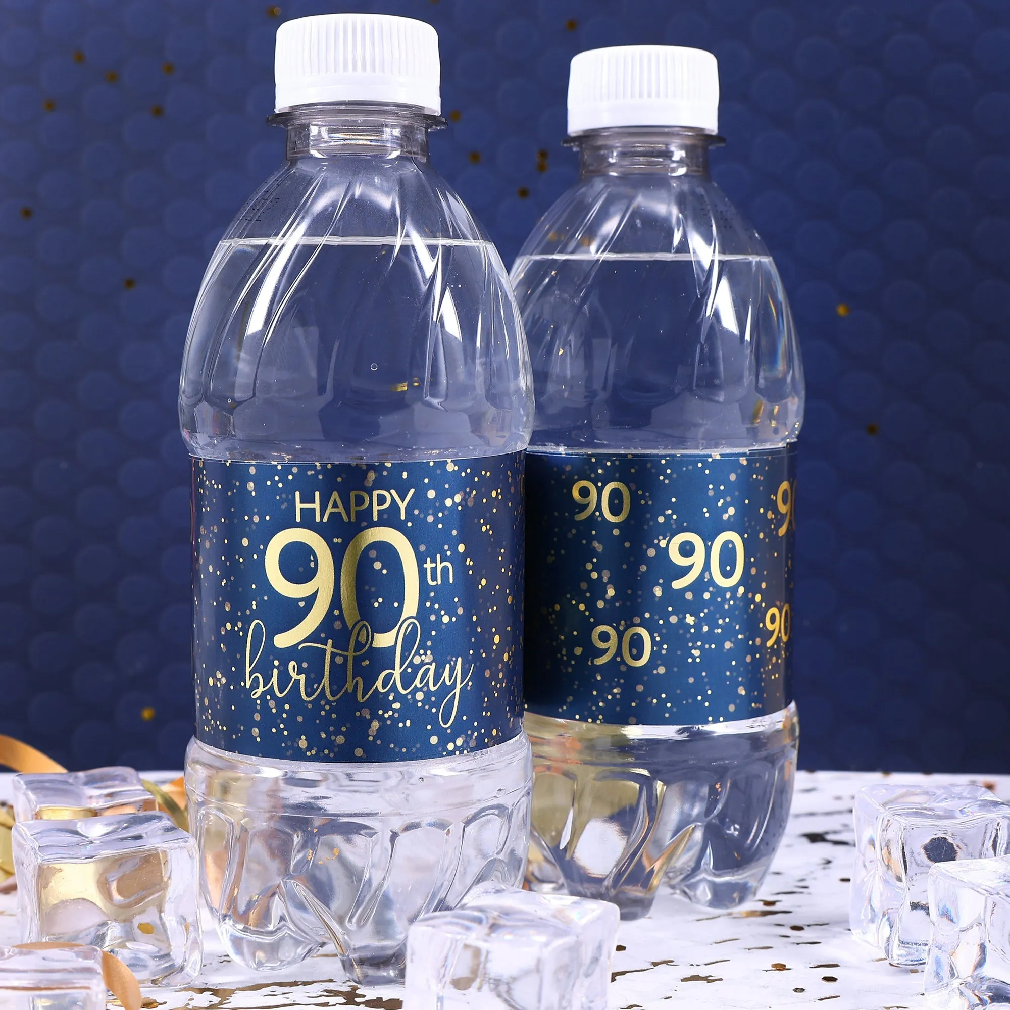 90th Birthday: Navy Blue & Gold - Adult Birthday -  Water Bottle Labels