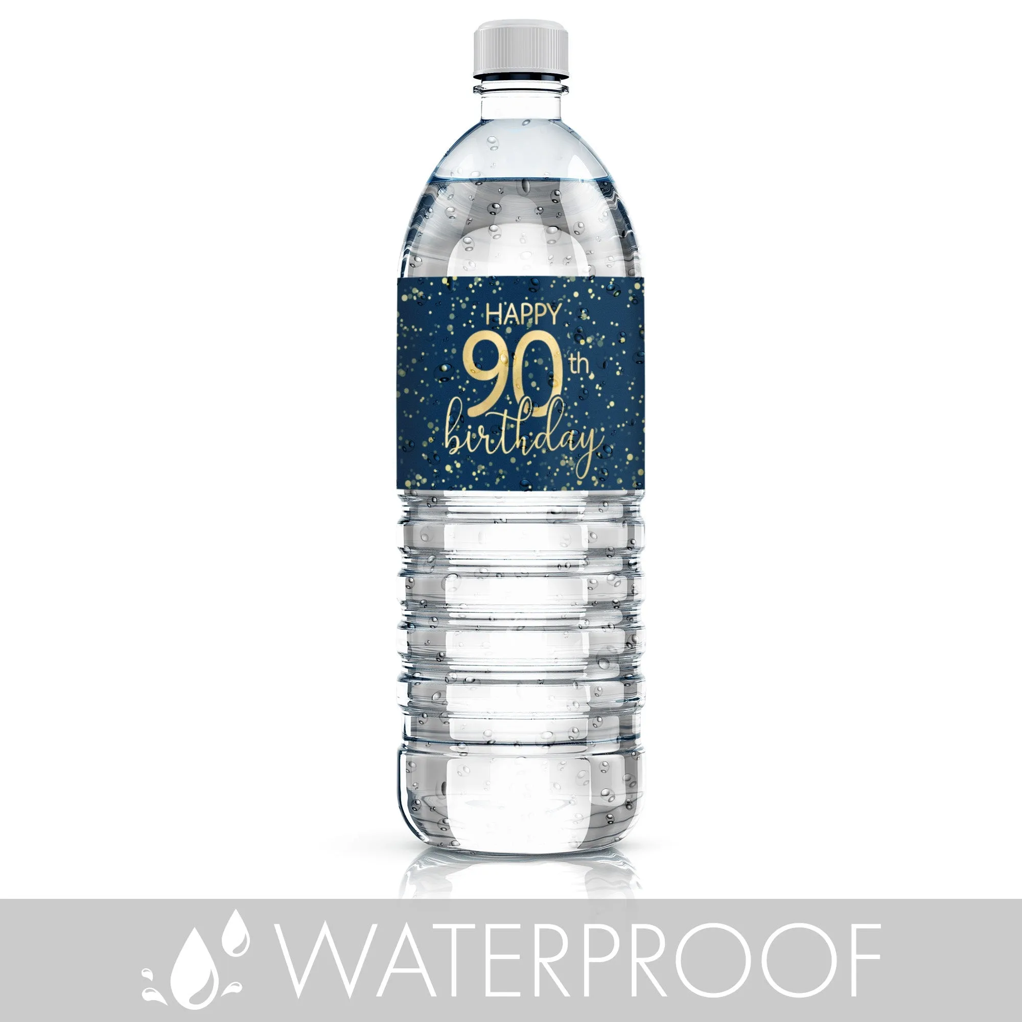 90th Birthday: Navy Blue & Gold - Adult Birthday -  Water Bottle Labels