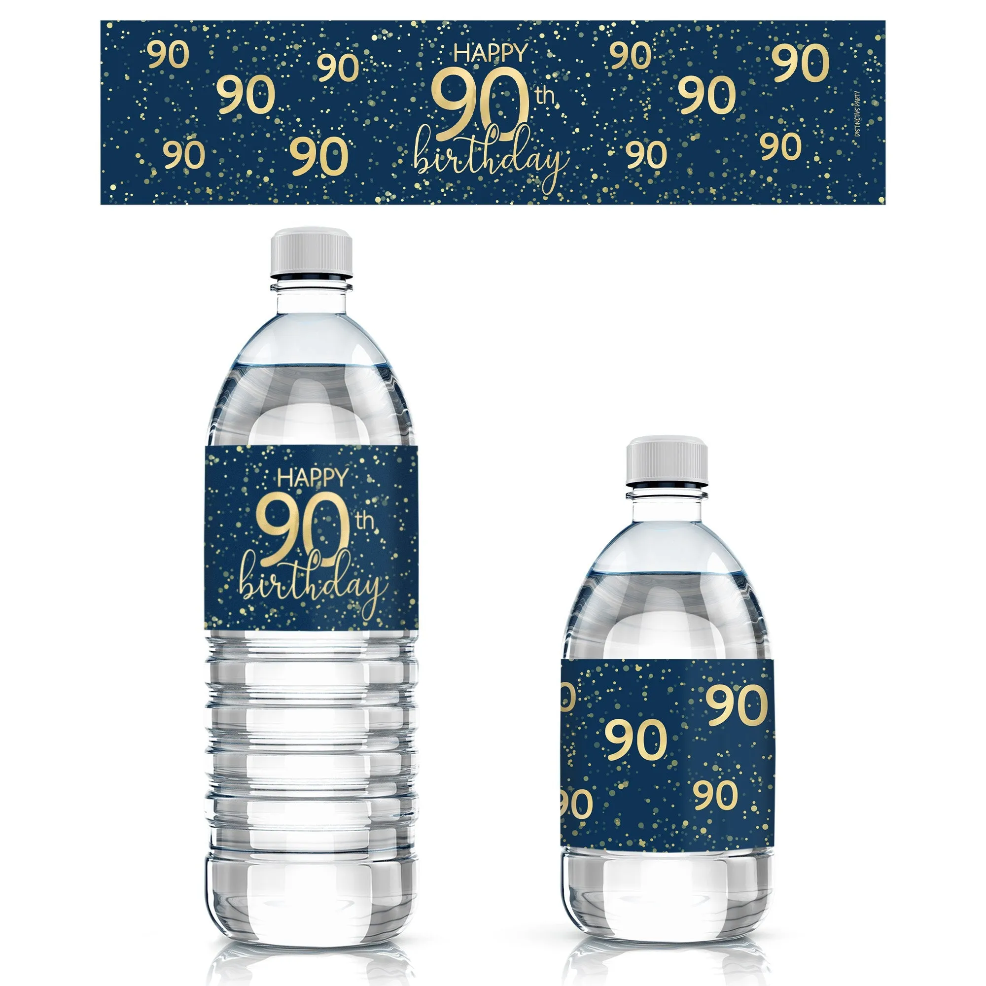 90th Birthday: Navy Blue & Gold - Adult Birthday -  Water Bottle Labels