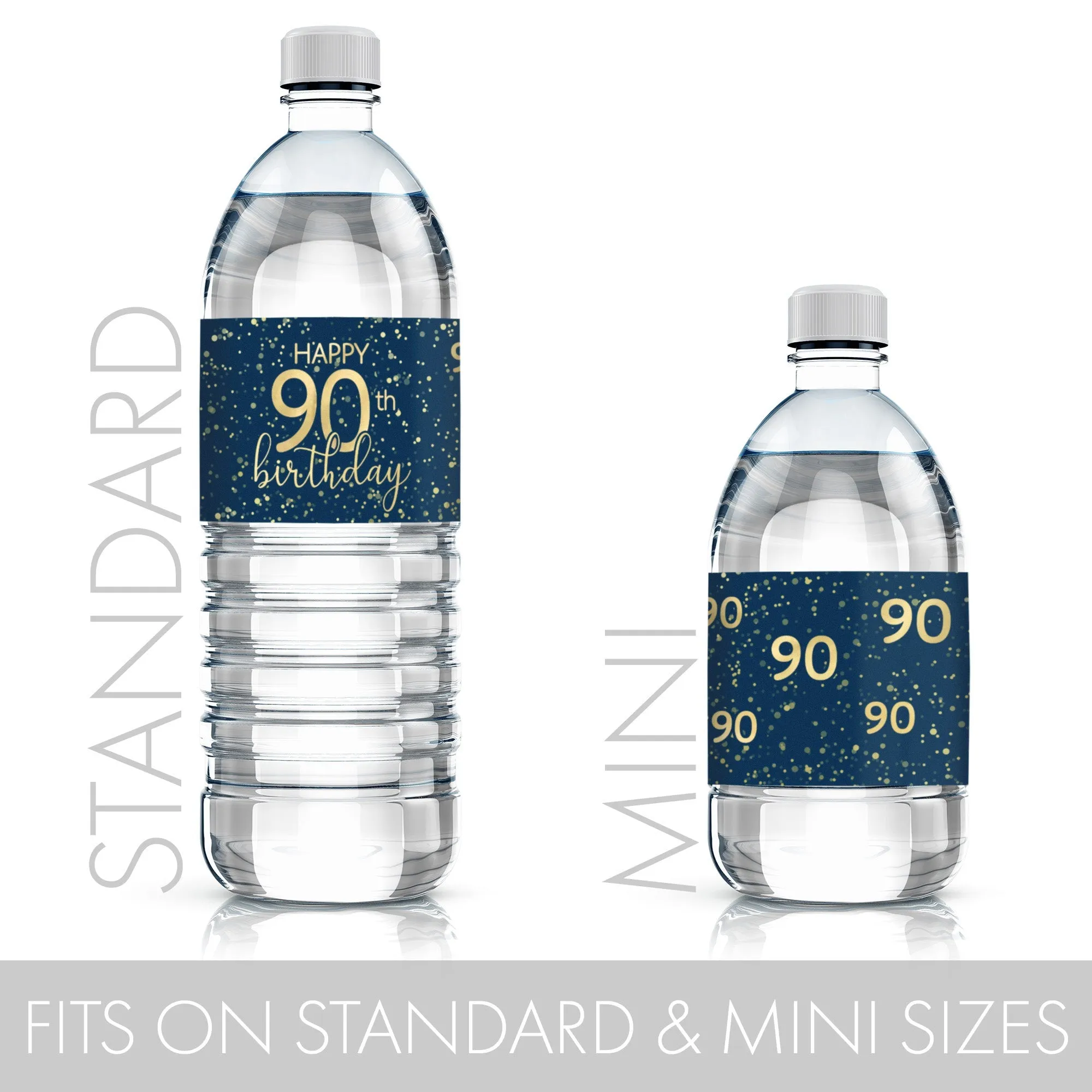 90th Birthday: Navy Blue & Gold - Adult Birthday -  Water Bottle Labels