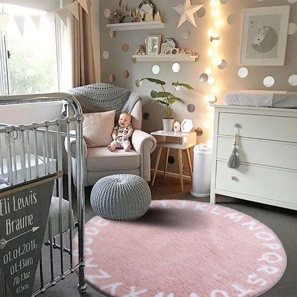 Abella ABC Alphabet Kids Pink Round Rug