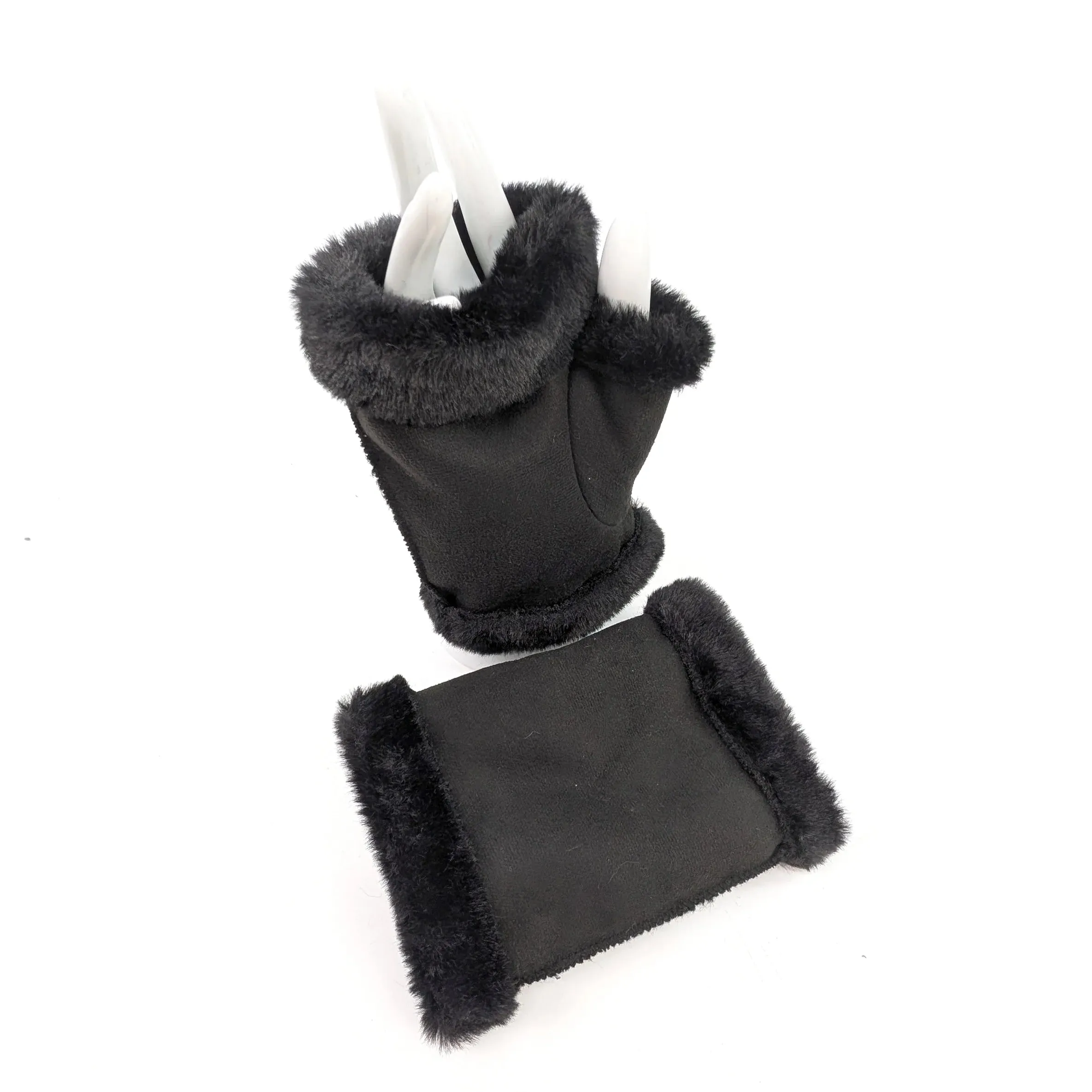 Black Ginger Black Sheepskin Style Fingerless Gloves - 800-688