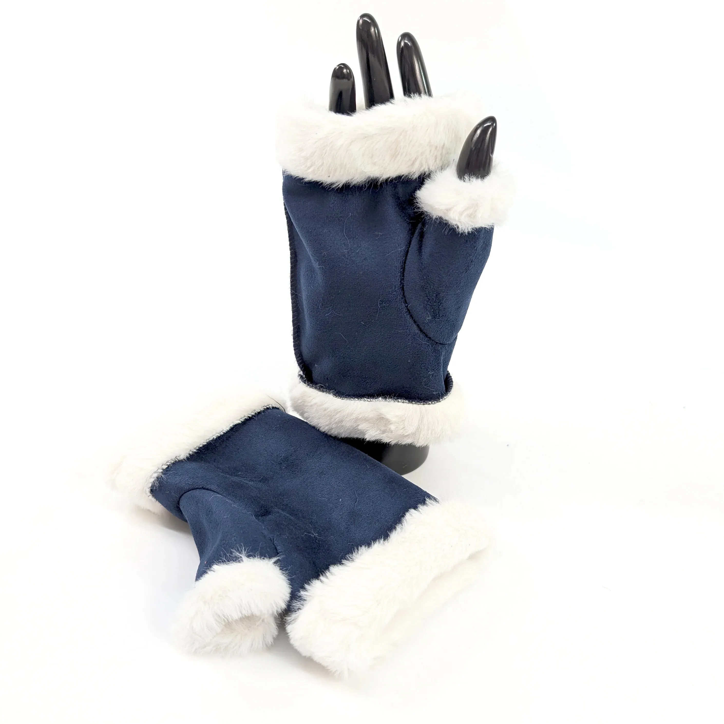 Black Ginger Navy Blue Sheepskin Style Fingerless Gloves - 800-687