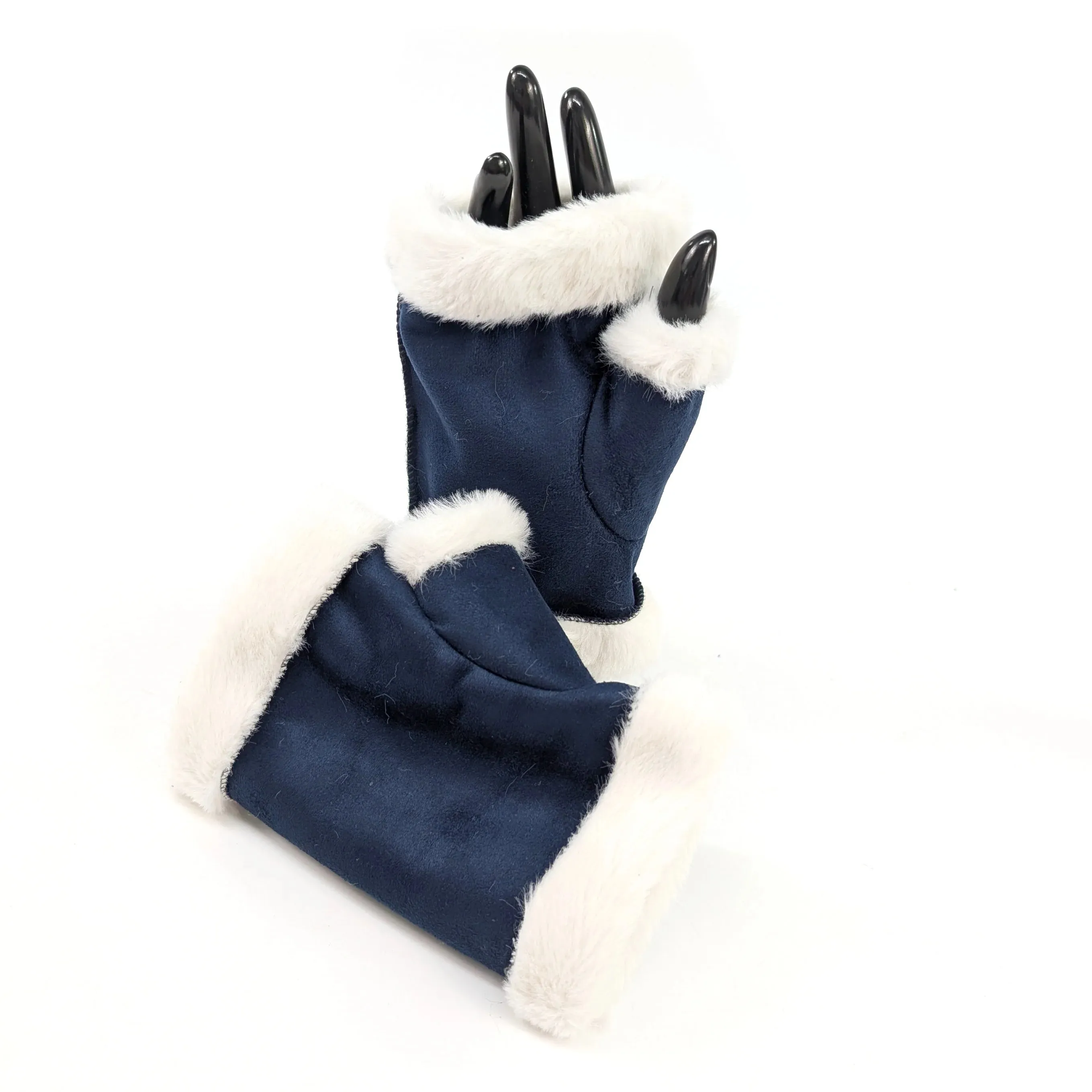 Black Ginger Navy Blue Sheepskin Style Fingerless Gloves - 800-687