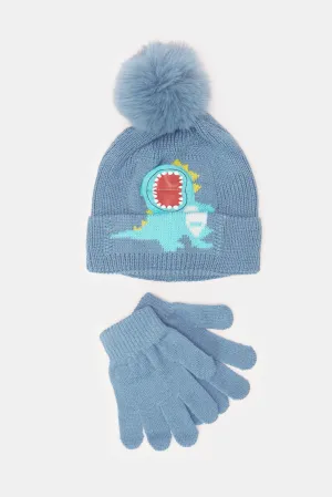 Boys Blue Knitted Cap With Gloves (2 Piece)