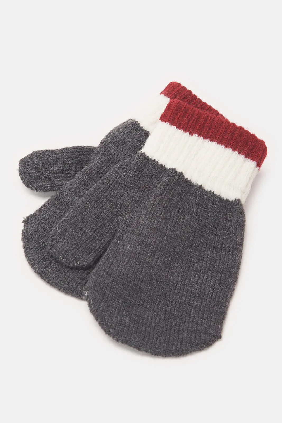 Boys White And Charcoal Knitted Cap With Gloves (2 Piece)