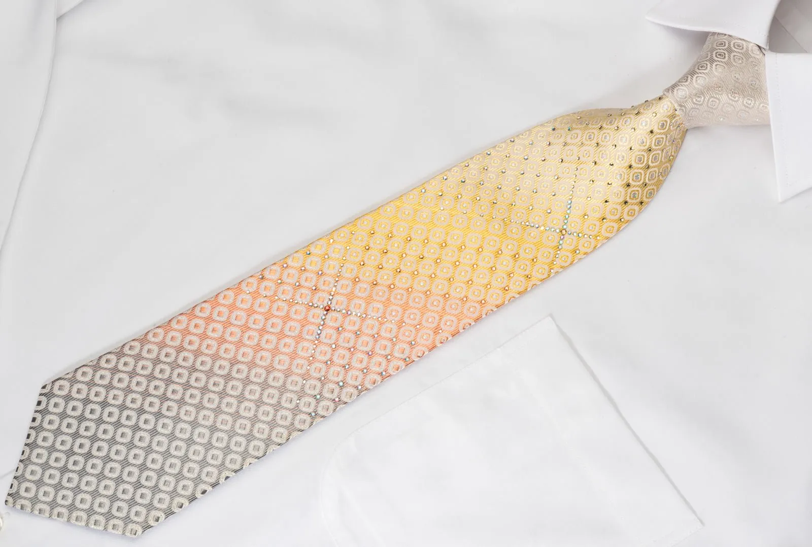 Daniel Hechter Rhinestone Silk Necktie Geometric On Graduating Yellow Orange Silk With Silver Sparkles