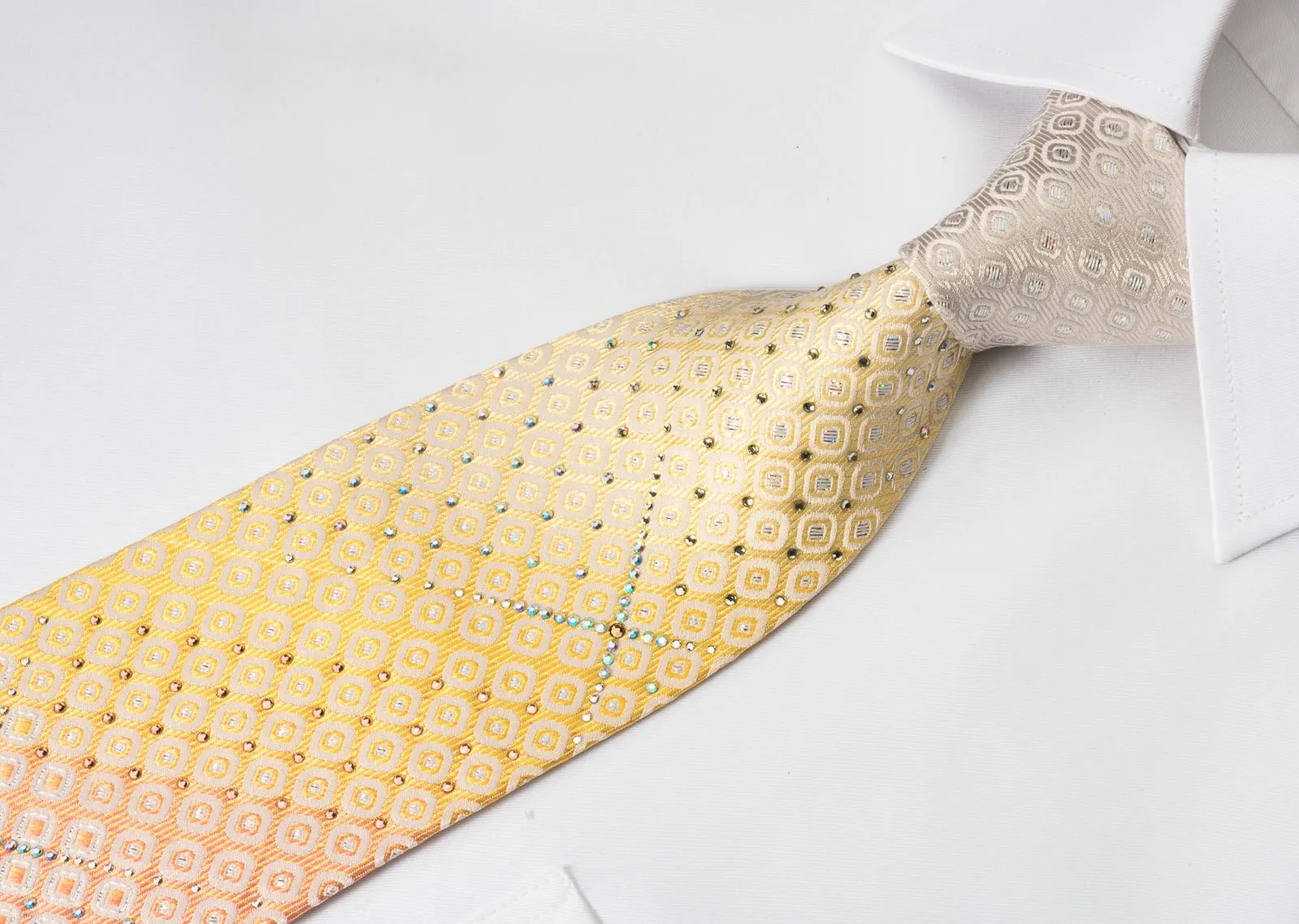 Daniel Hechter Rhinestone Silk Necktie Geometric On Graduating Yellow Orange Silk With Silver Sparkles