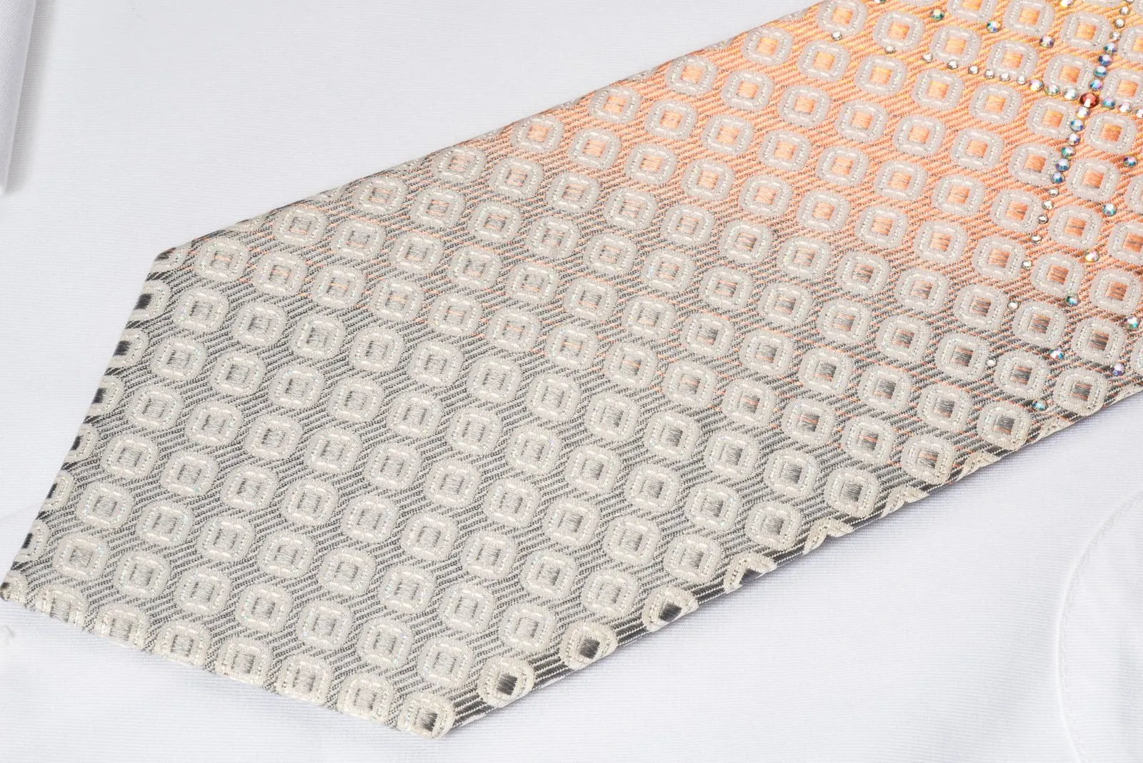 Daniel Hechter Rhinestone Silk Necktie Geometric On Graduating Yellow Orange Silk With Silver Sparkles