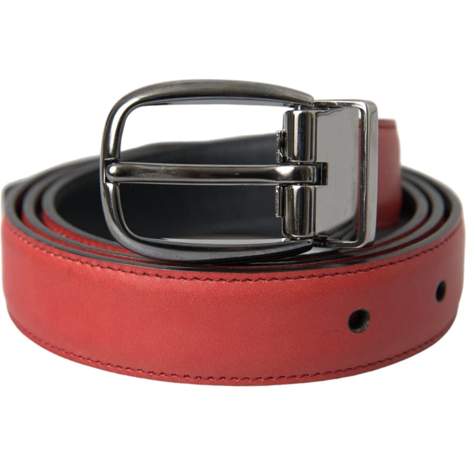 Dolce & Gabbana Red Leather Silver Metal Buckle Belt Men