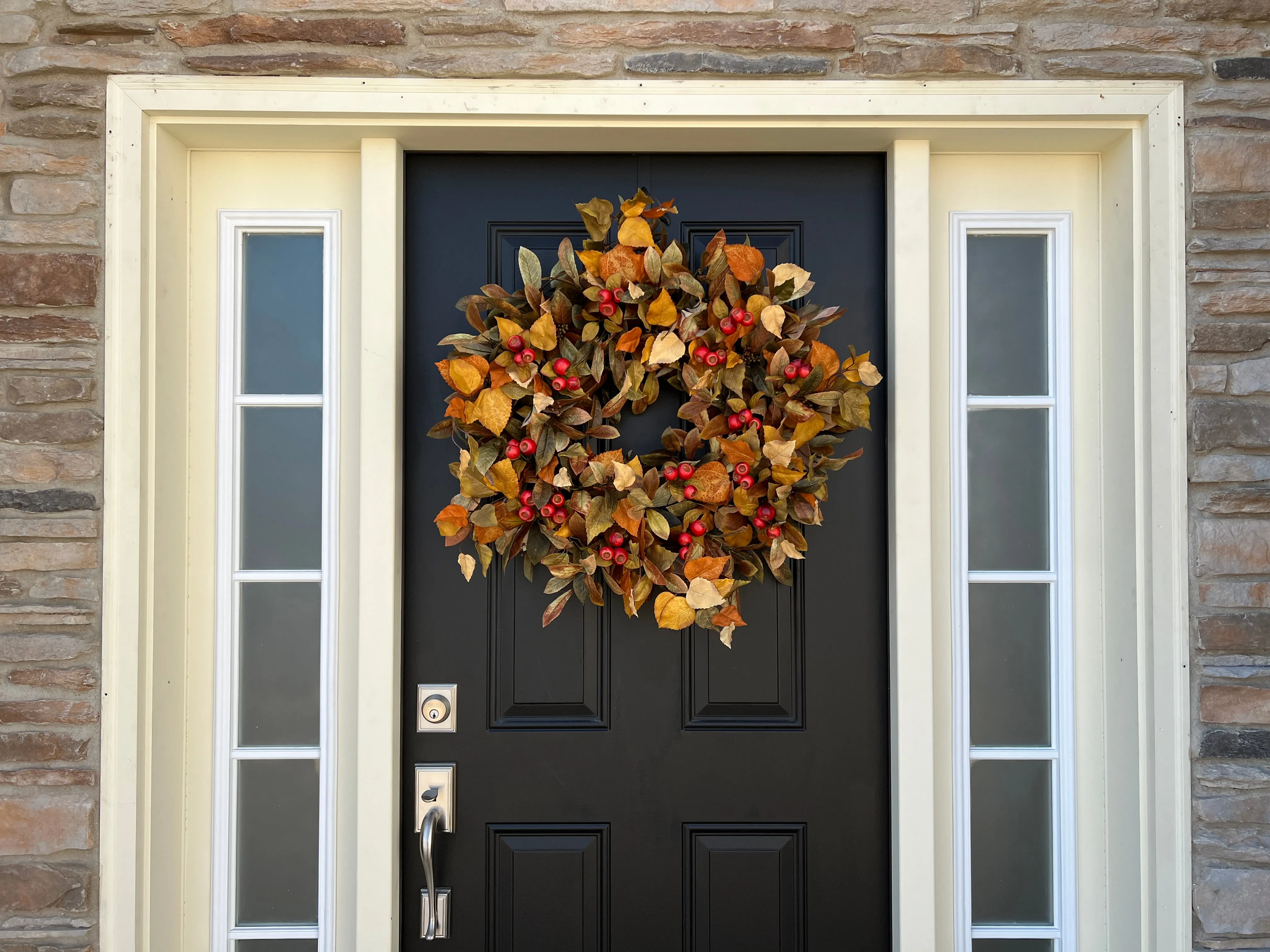 Fall Front Door Wreath with Fall Foliage and Orange Pods