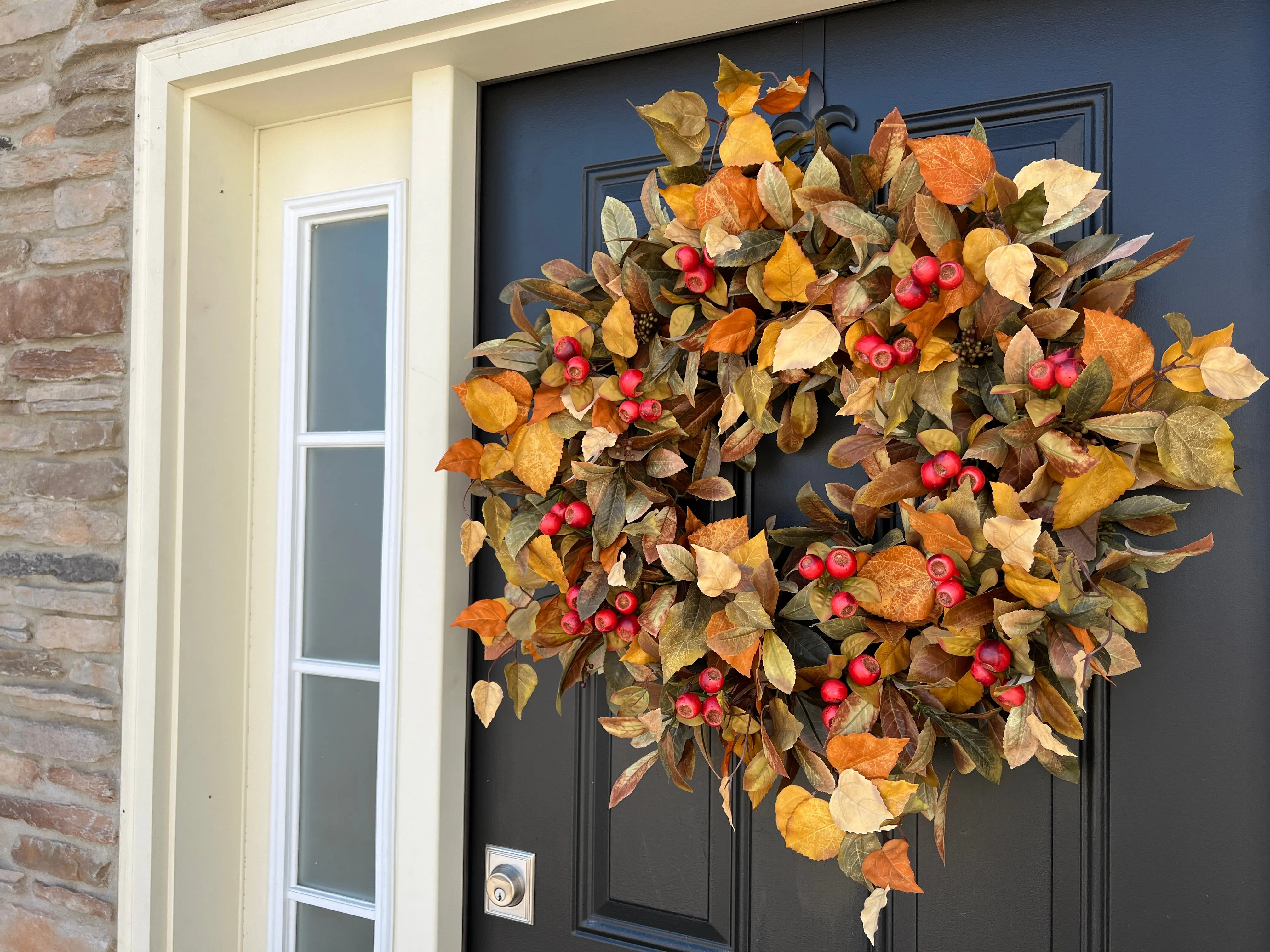 Fall Front Door Wreath with Fall Foliage and Orange Pods