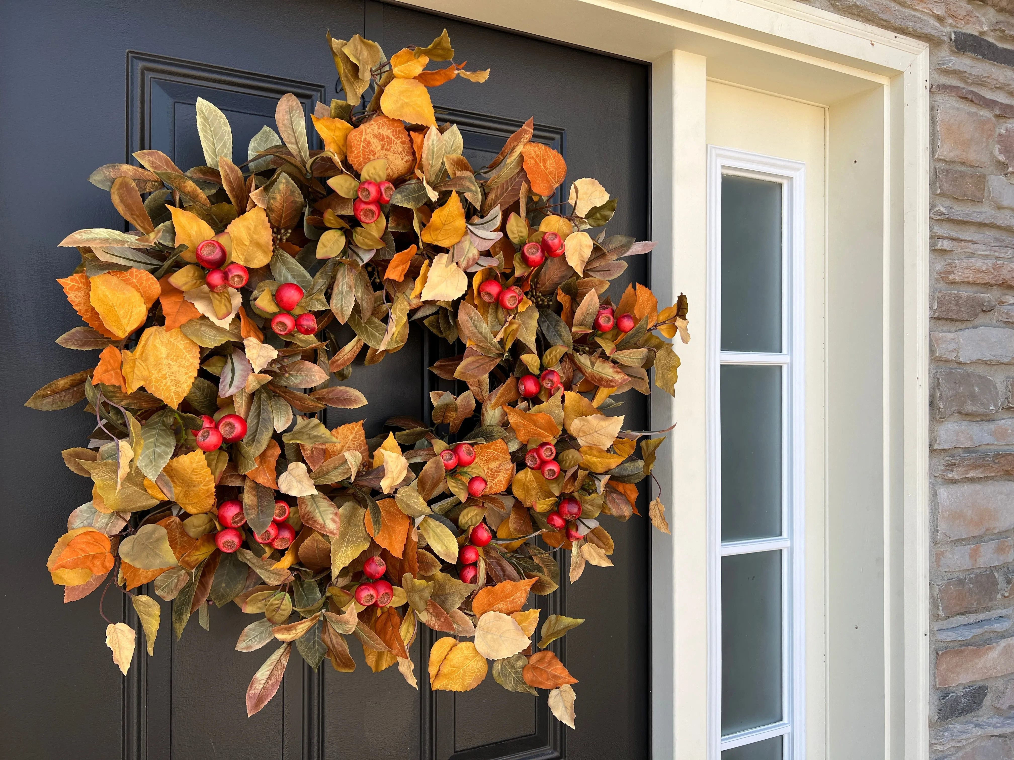 Fall Front Door Wreath with Fall Foliage and Orange Pods