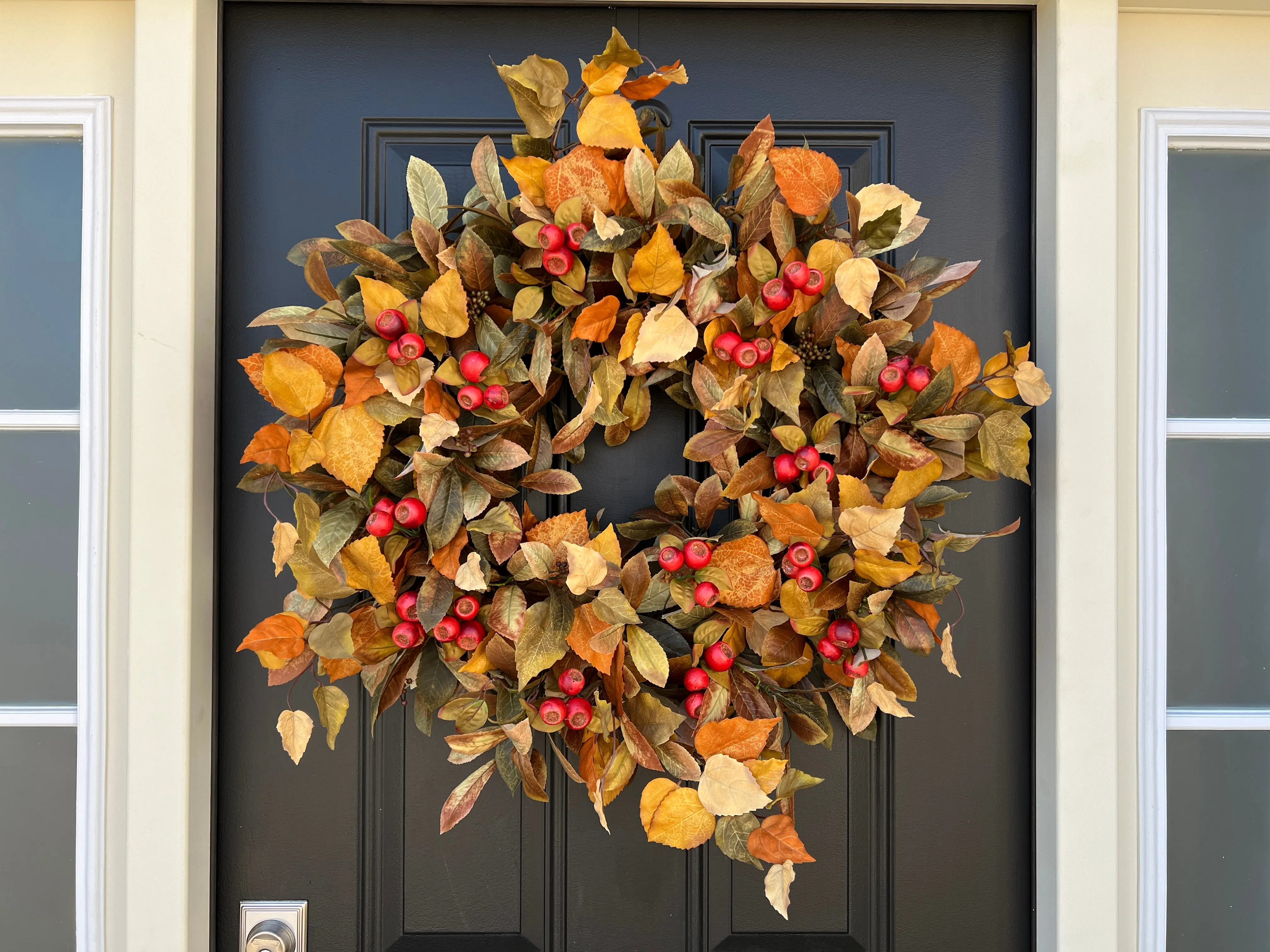 Fall Front Door Wreath with Fall Foliage and Orange Pods