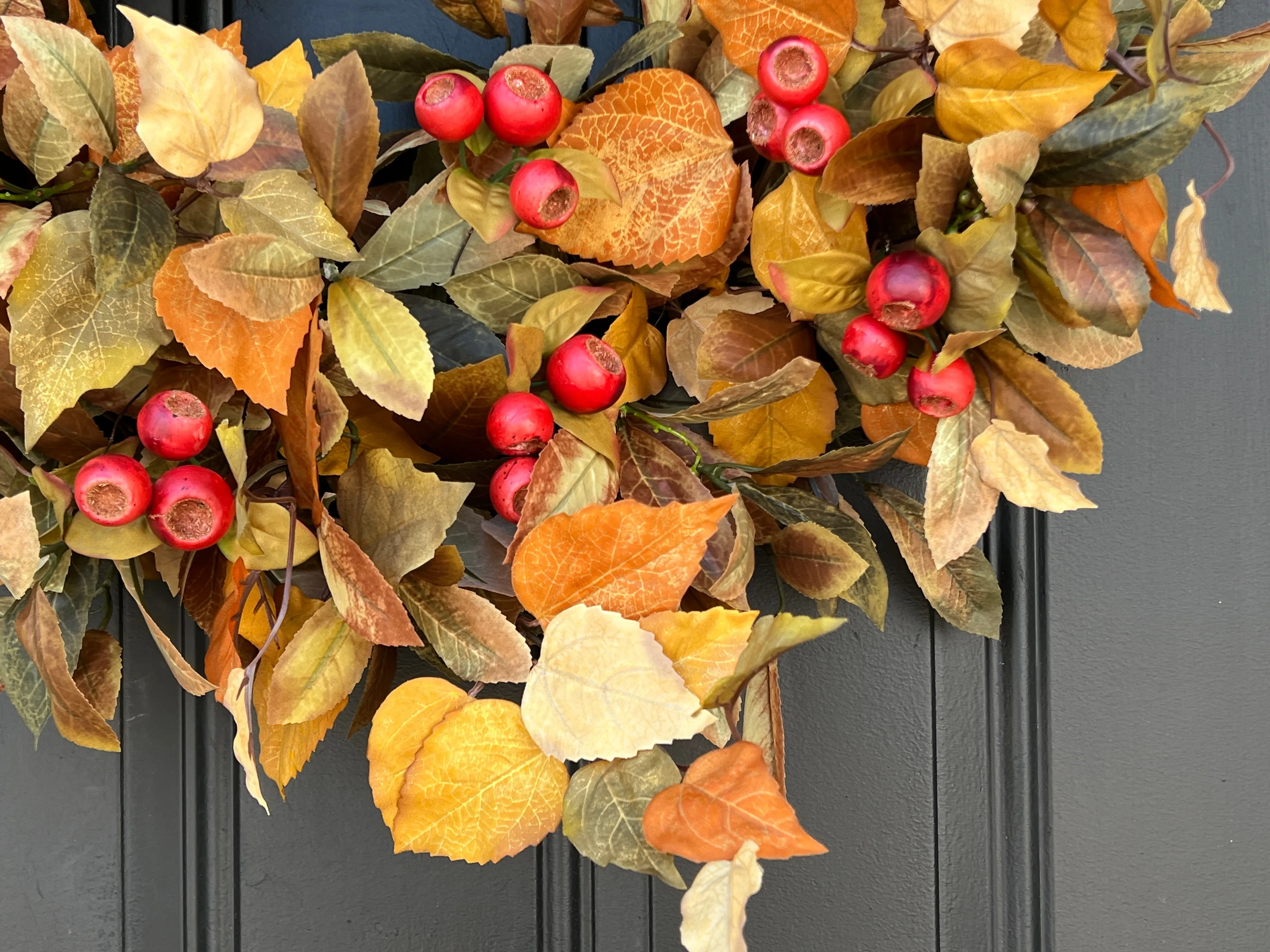 Fall Front Door Wreath with Fall Foliage and Orange Pods