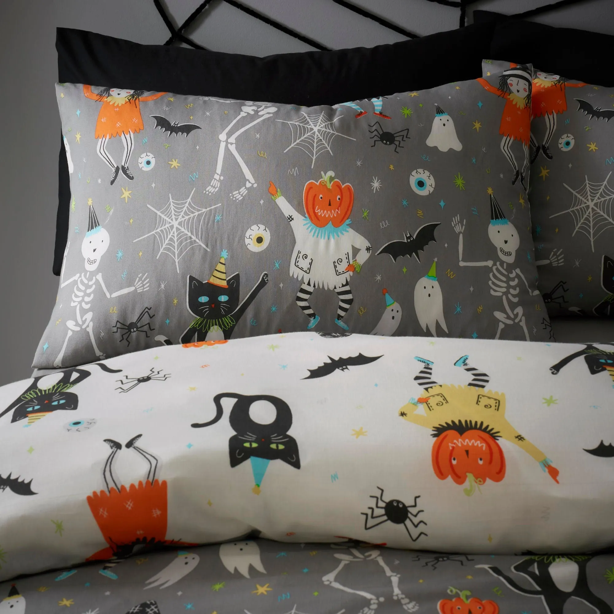 Halloween Party Glow in the Dark Duvet Cover Set by Bedlam in Grey