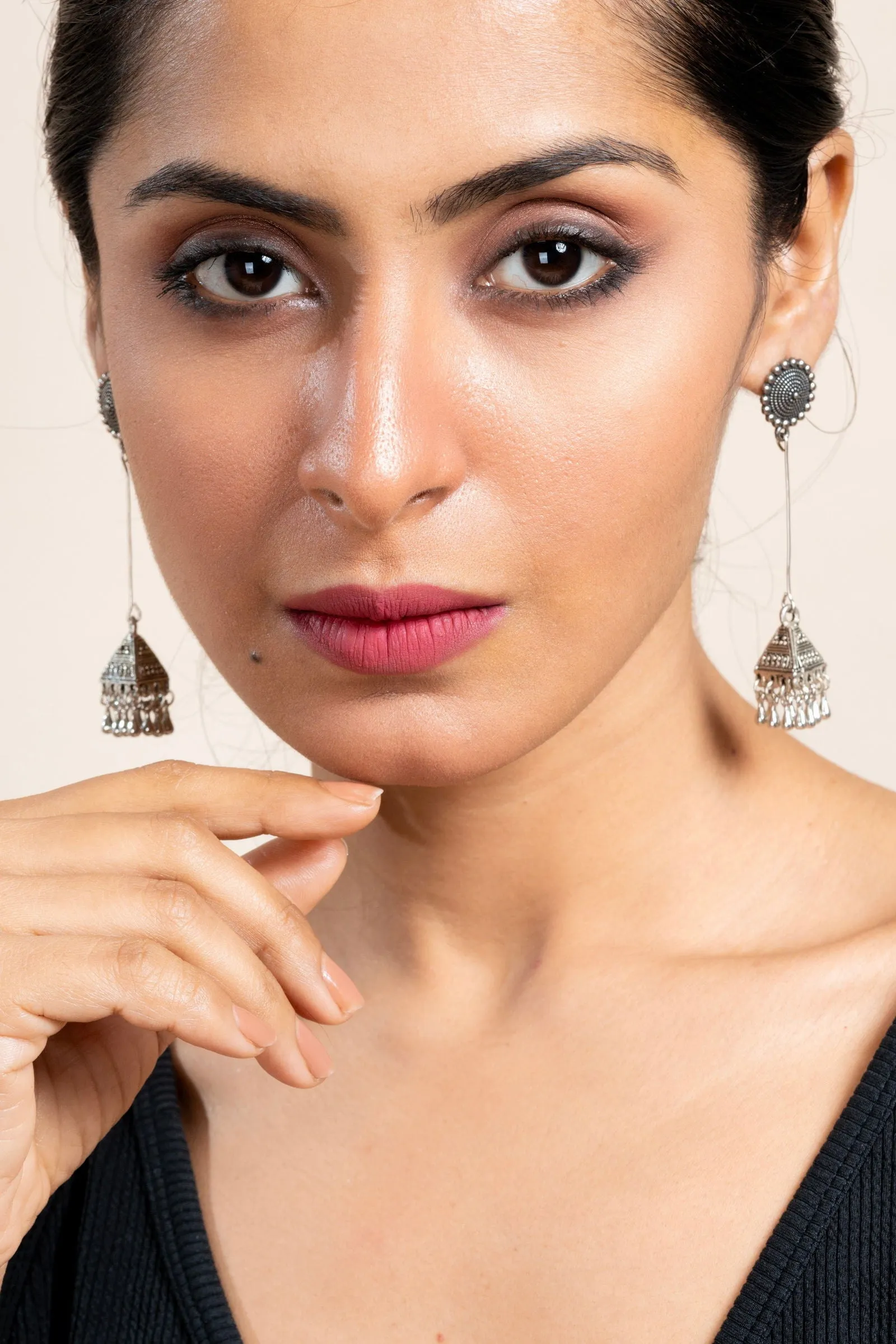 Handmade German Silver Floral Stud Triangular Jhumka Earrings - Oxidized Finish for Daily Wear