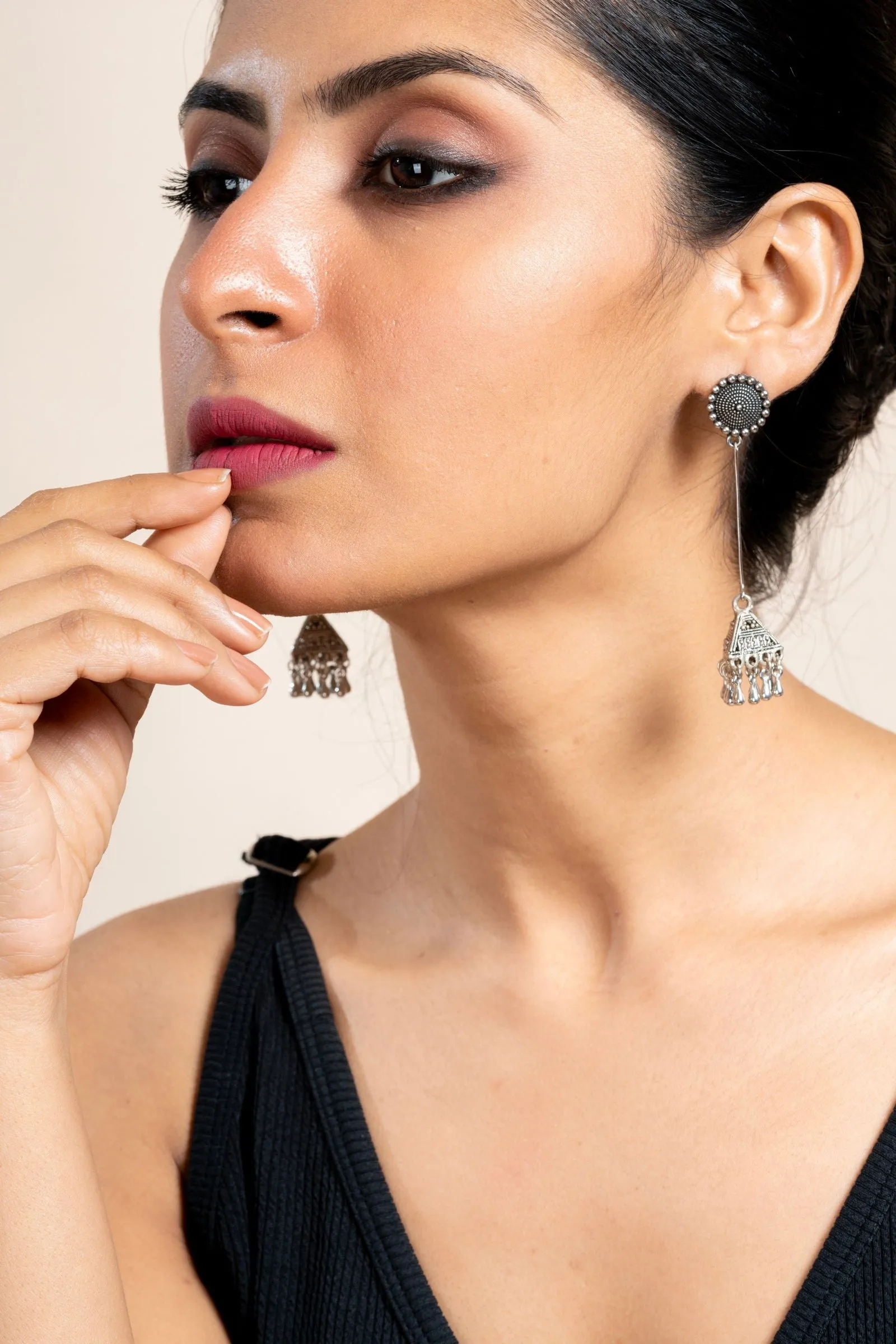 Handmade German Silver Floral Stud Triangular Jhumka Earrings - Oxidized Finish for Daily Wear