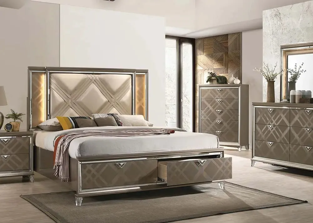 Harvey King Bed w/Drawer, LED, Faux Leather & Dark Champagne