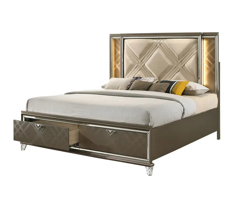 Harvey King Bed w/Drawer, LED, Faux Leather & Dark Champagne