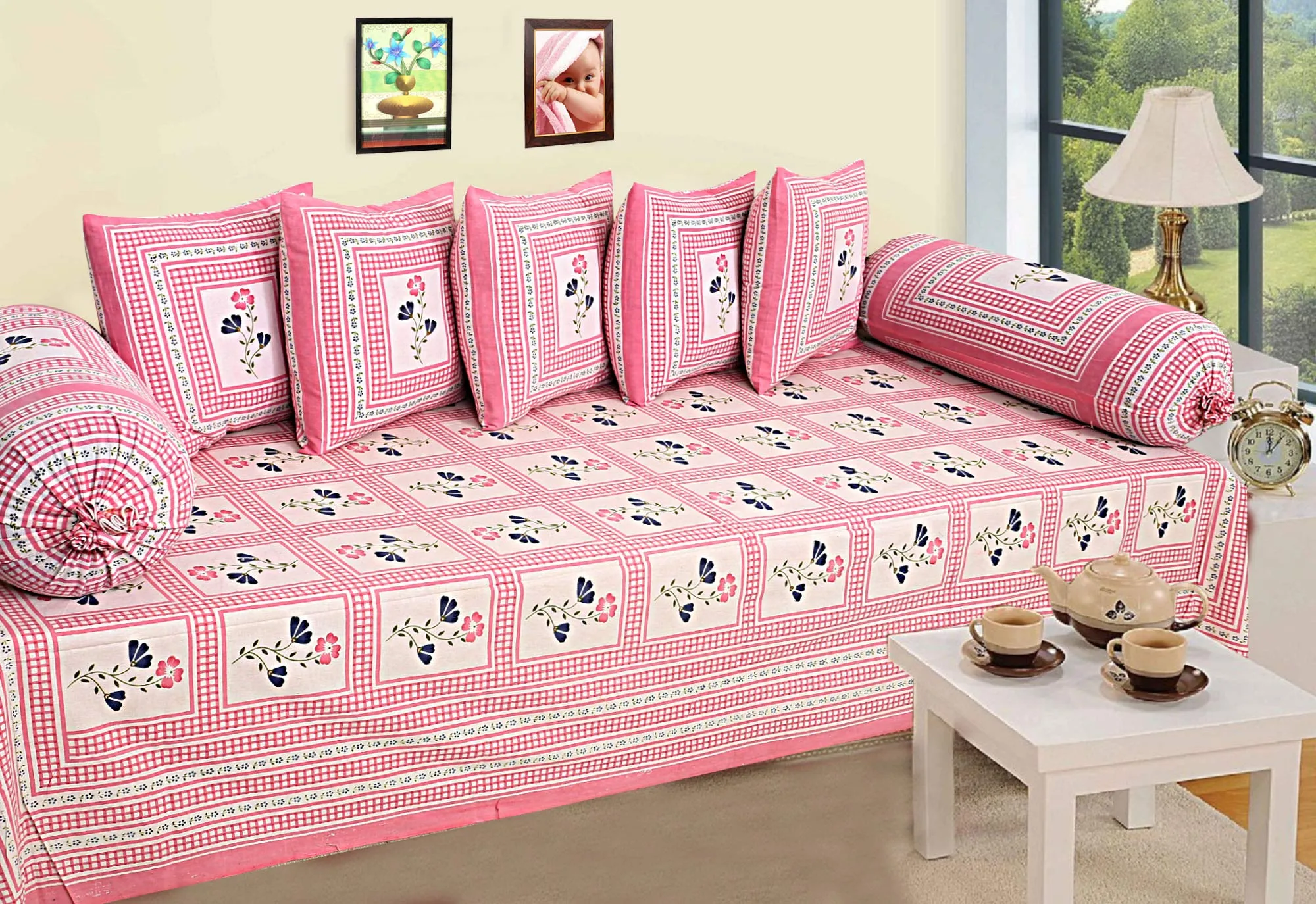 Kuber Industries Cotton Diwan Set for Living Room, Kids Room, Nursery Room with Floral Design Border, Set of 8 Pieces (Pink), (Model: HS_37_KUBMART019590), Full