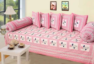 Kuber Industries Cotton Diwan Set for Living Room, Kids Room, Nursery Room with Floral Design Border, Set of 8 Pieces (Pink), (Model: HS_37_KUBMART019590), Full