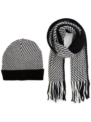 Men's Black, Grey & White Acrylic Knit Scarf and Hat Set