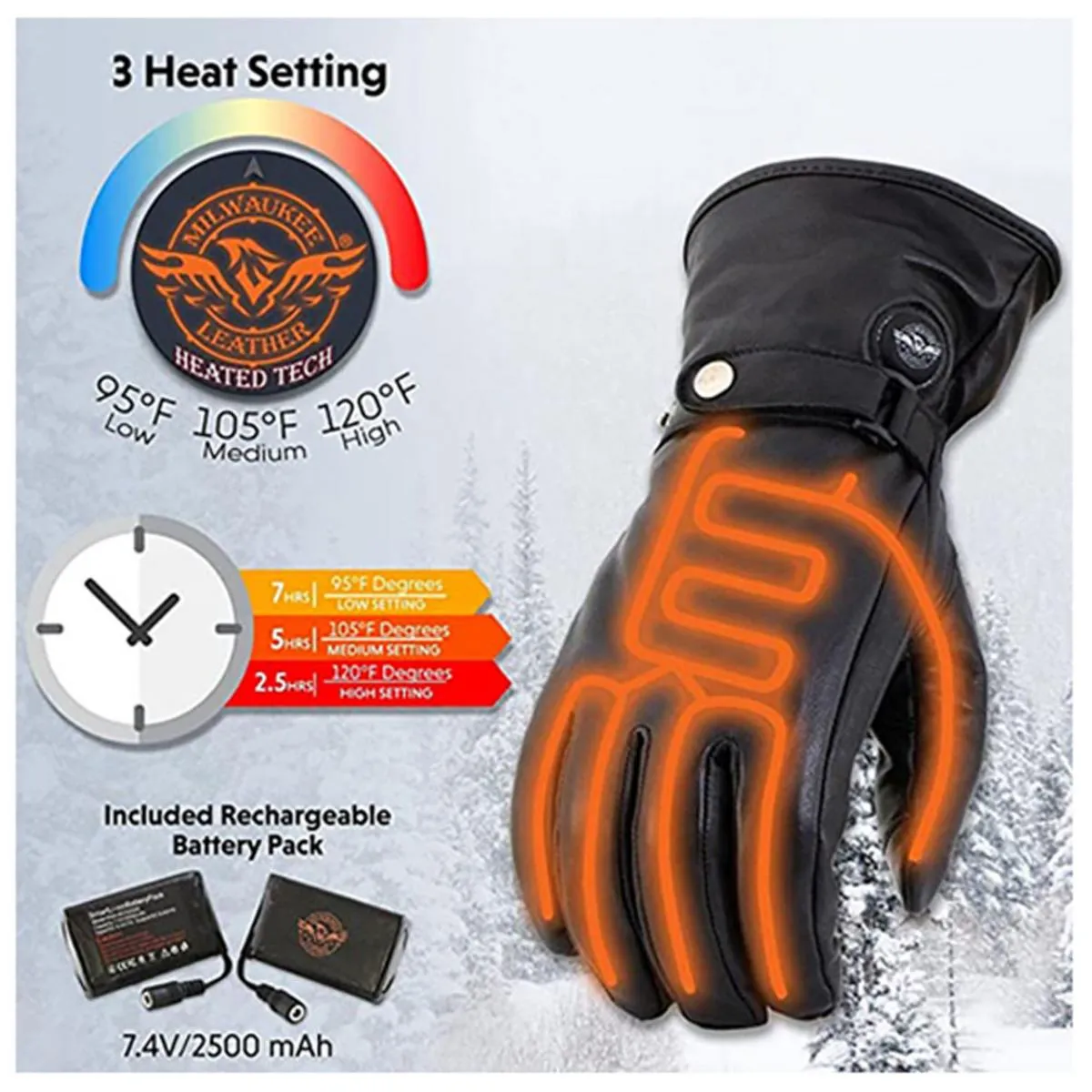 Milwaukee Leather Men's 7V Leather Heated Winter Gloves