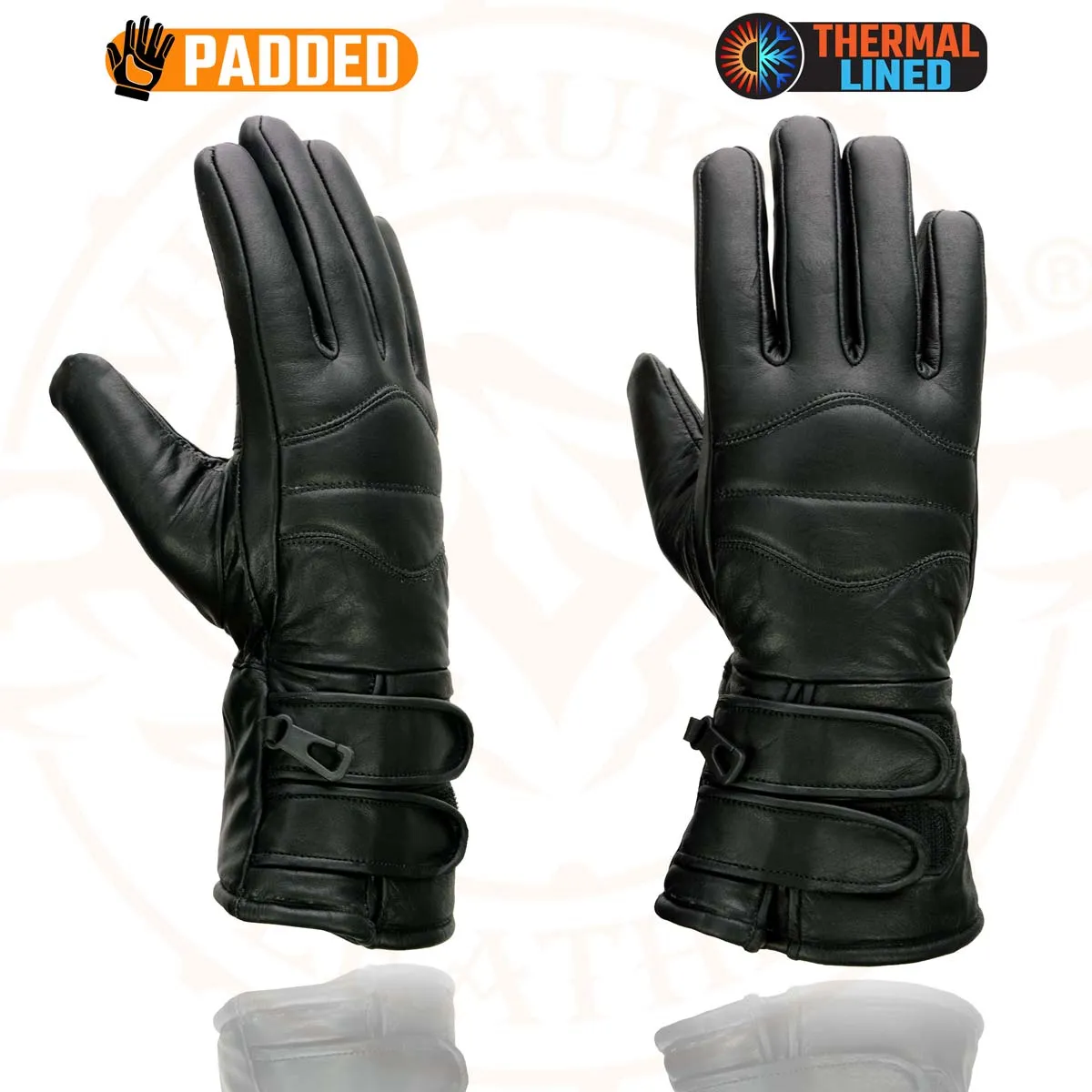 Milwaukee Leather SH233 Men's Black Leather Warm Lining Gauntlet Motorcycle Hand Gloves W/ Double Strap Cuff Pull-on Closure