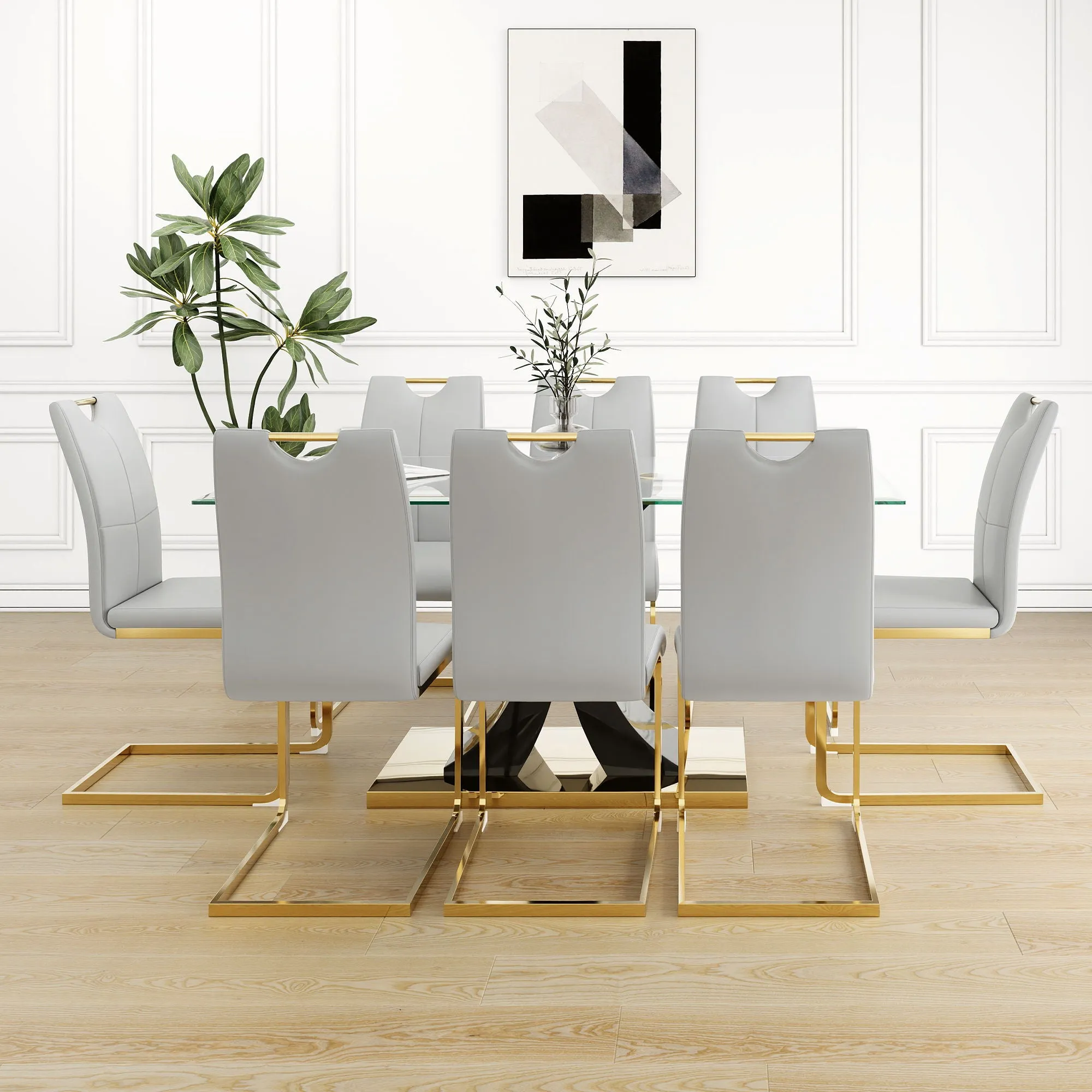 Modern Style Glass Dining Table With Elegant Transparent Design, Solid Support Base, Pale Yellow Dining Chair Set With Gold-Plated Legs, Suitable For Restaurant Kitchens