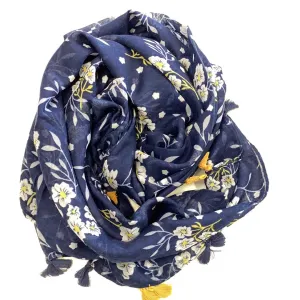 Navy & White Floral Polyester Scarf