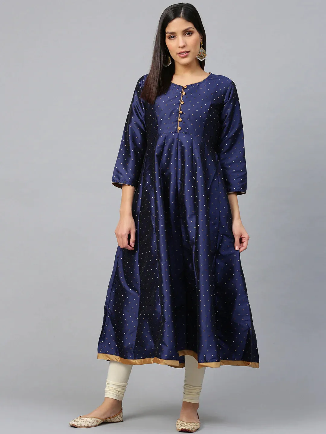 Navy blue and golden woven design anarkali kurta,