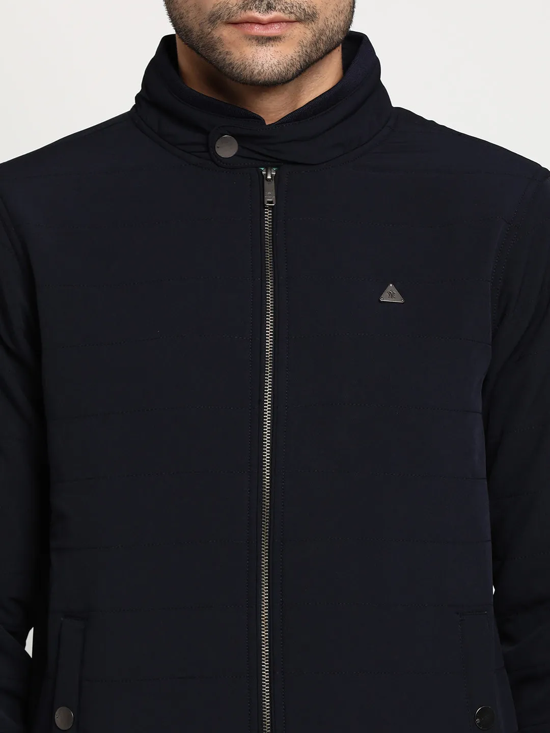 Navy Blue Solid Cotton Stretch Windcheater