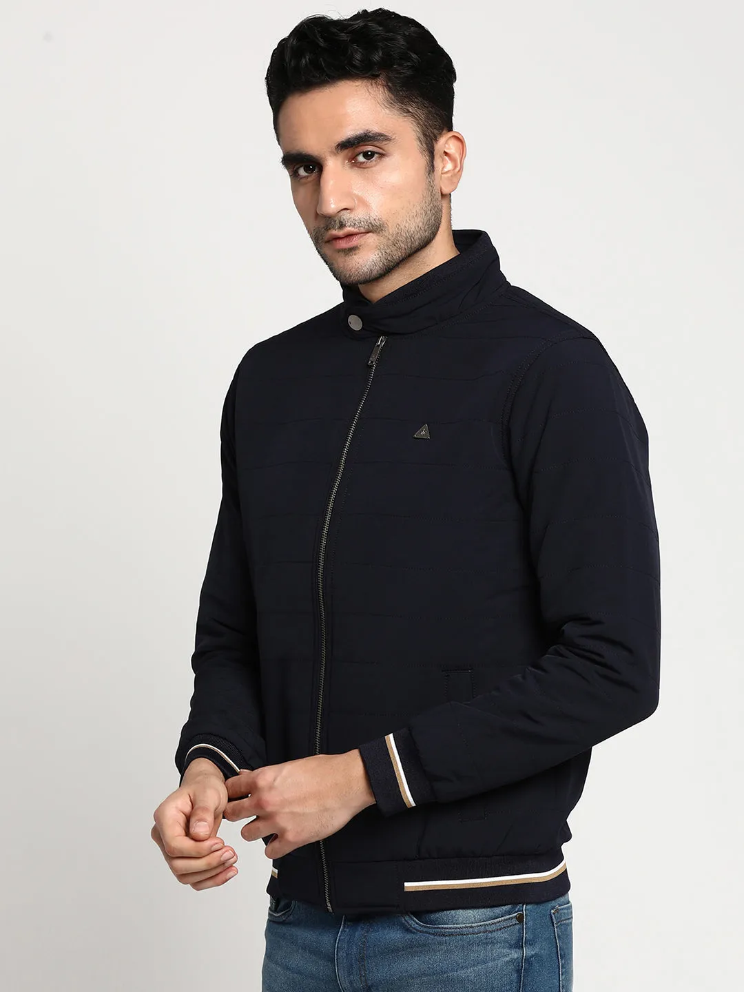 Navy Blue Solid Cotton Stretch Windcheater