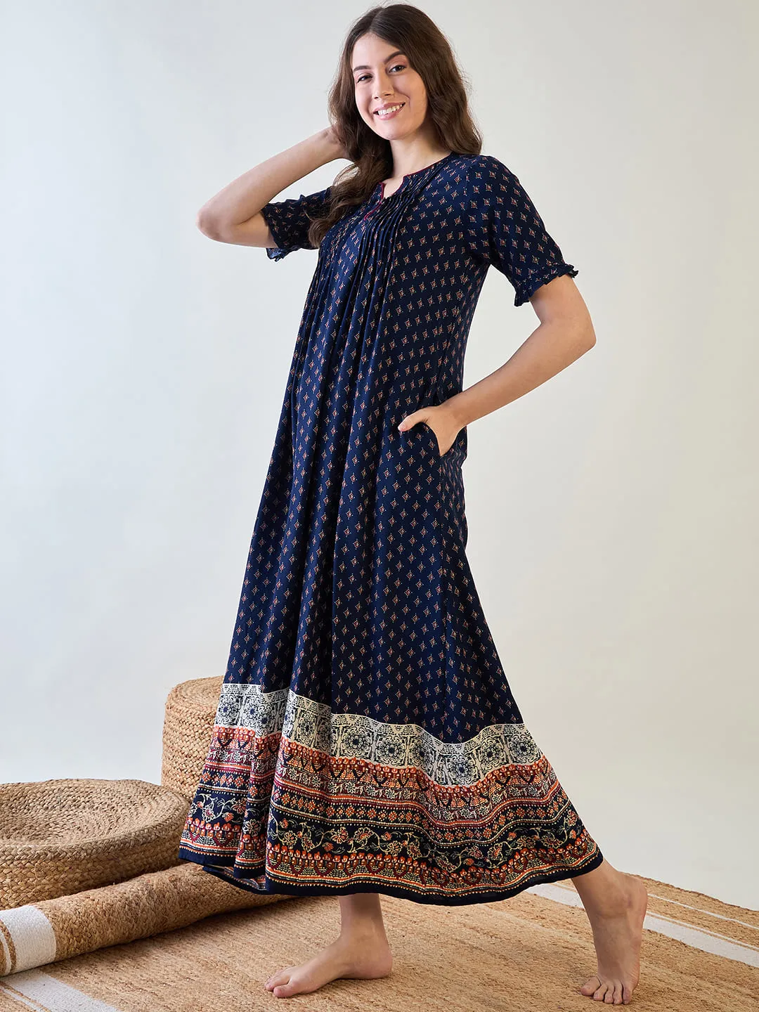 Navy Blue Starlight Flared Pin Tucks Night Dress