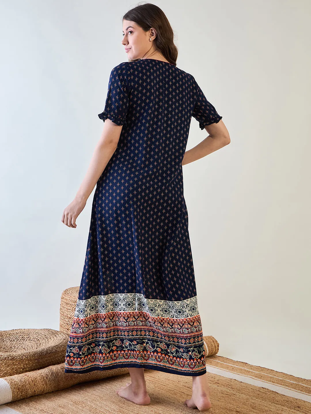 Navy Blue Starlight Flared Pin Tucks Night Dress