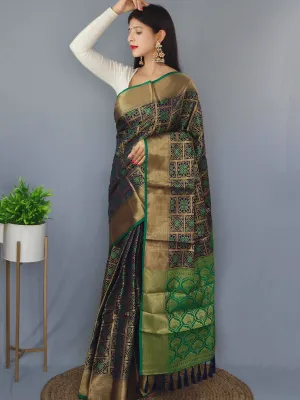 Navy Blue With Green Saree in Patola Silk