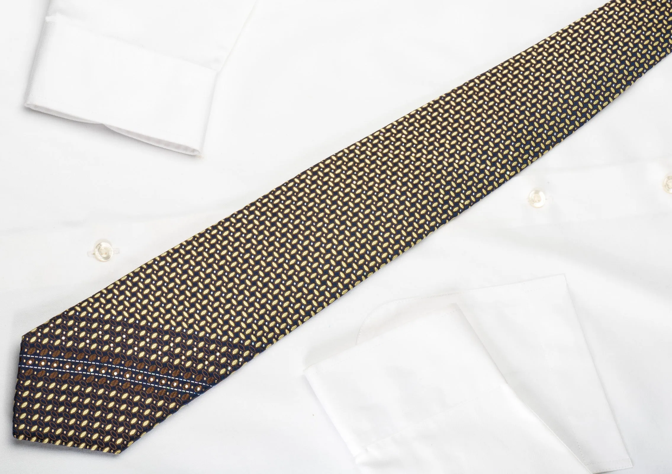 Park Land Silk Rhinestone Necktie Beige Brown Geometric On Navy With Silver Sparkles