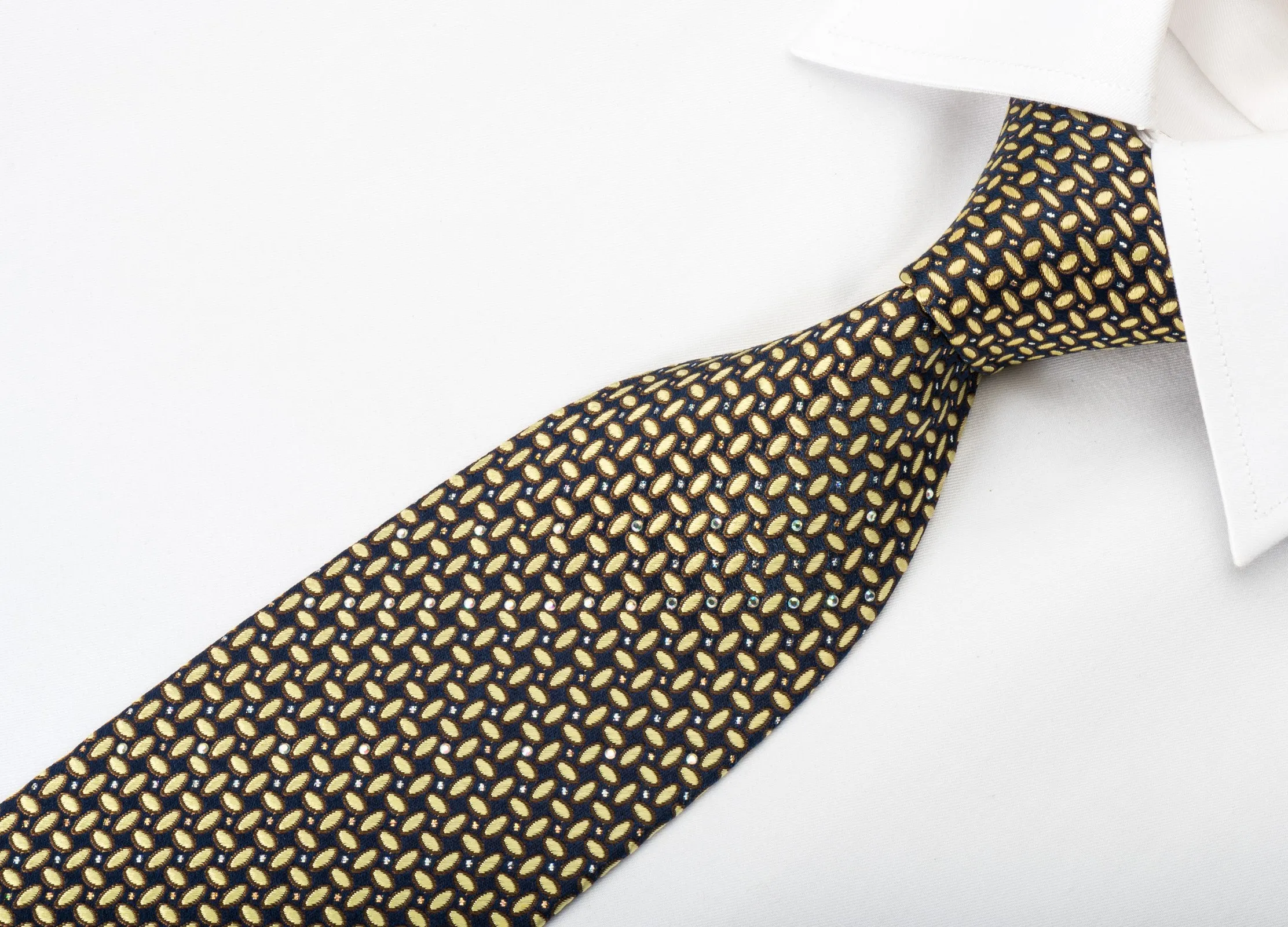 Park Land Silk Rhinestone Necktie Beige Brown Geometric On Navy With Silver Sparkles