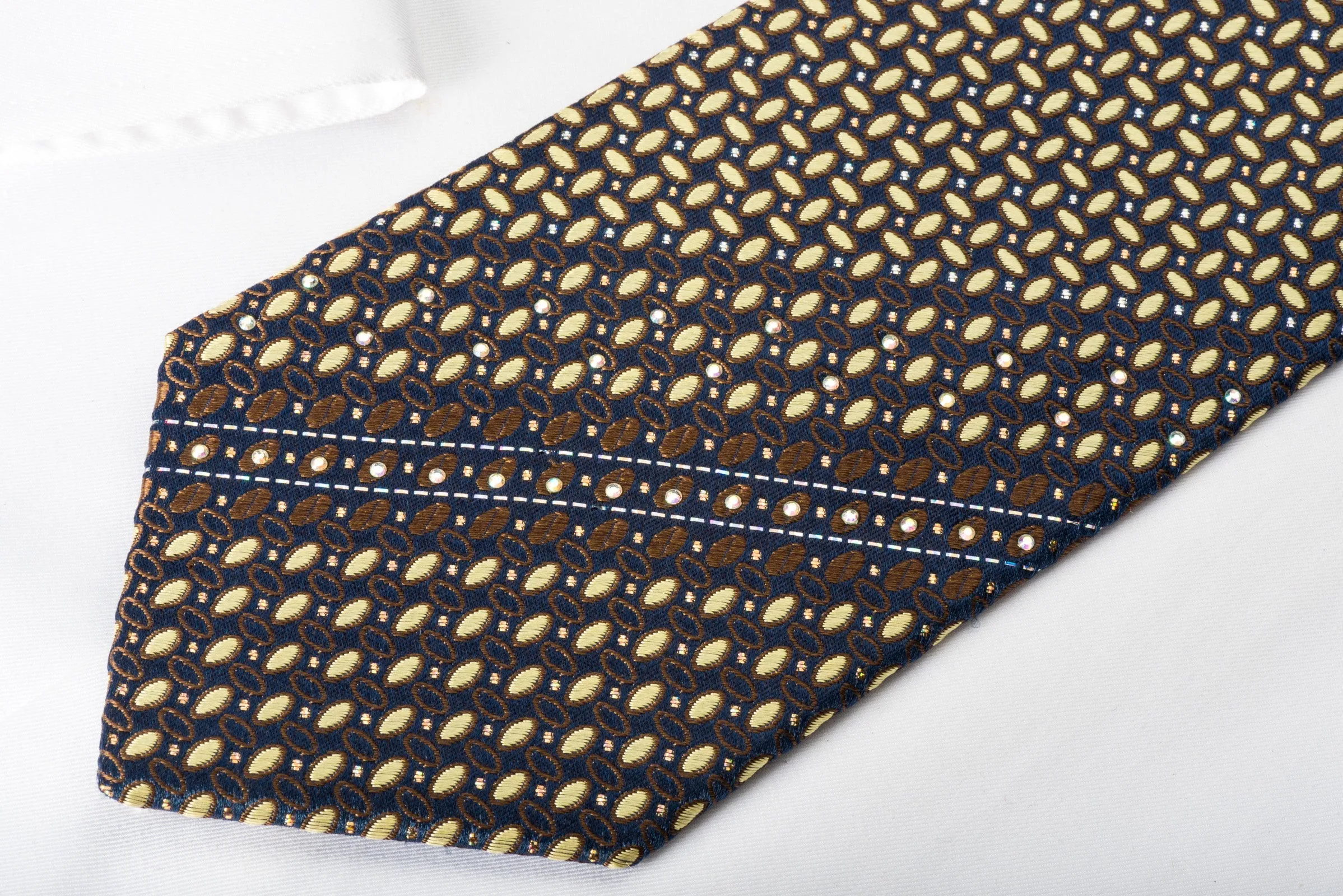 Park Land Silk Rhinestone Necktie Beige Brown Geometric On Navy With Silver Sparkles