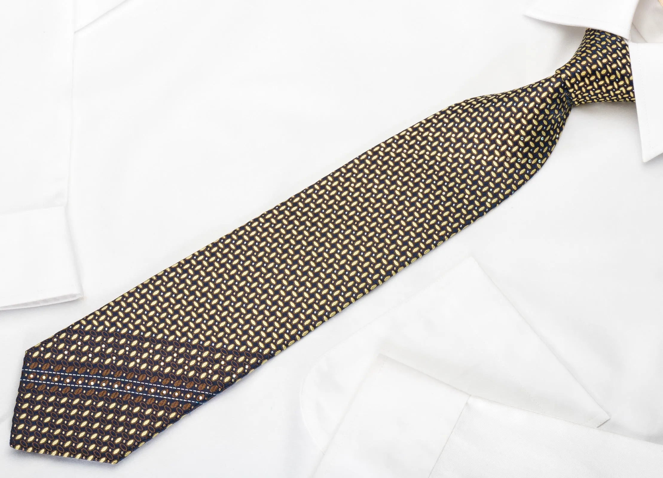 Park Land Silk Rhinestone Necktie Beige Brown Geometric On Navy With Silver Sparkles