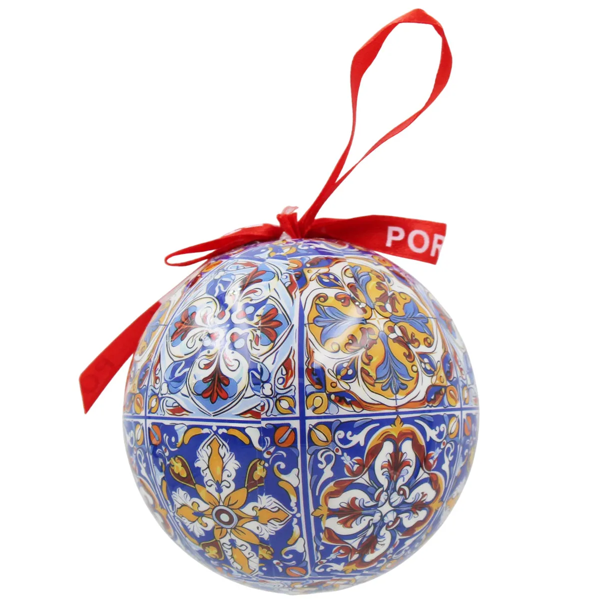 Portugal Christmas Ornament with Azulejo-Style Design and Red Portugal Ribbon