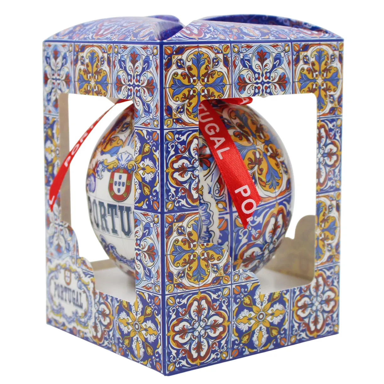 Portugal Christmas Ornament with Azulejo-Style Design and Red Portugal Ribbon