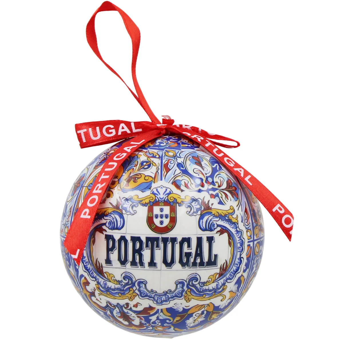 Portugal Christmas Ornament with Azulejo-Style Design and Red Portugal Ribbon